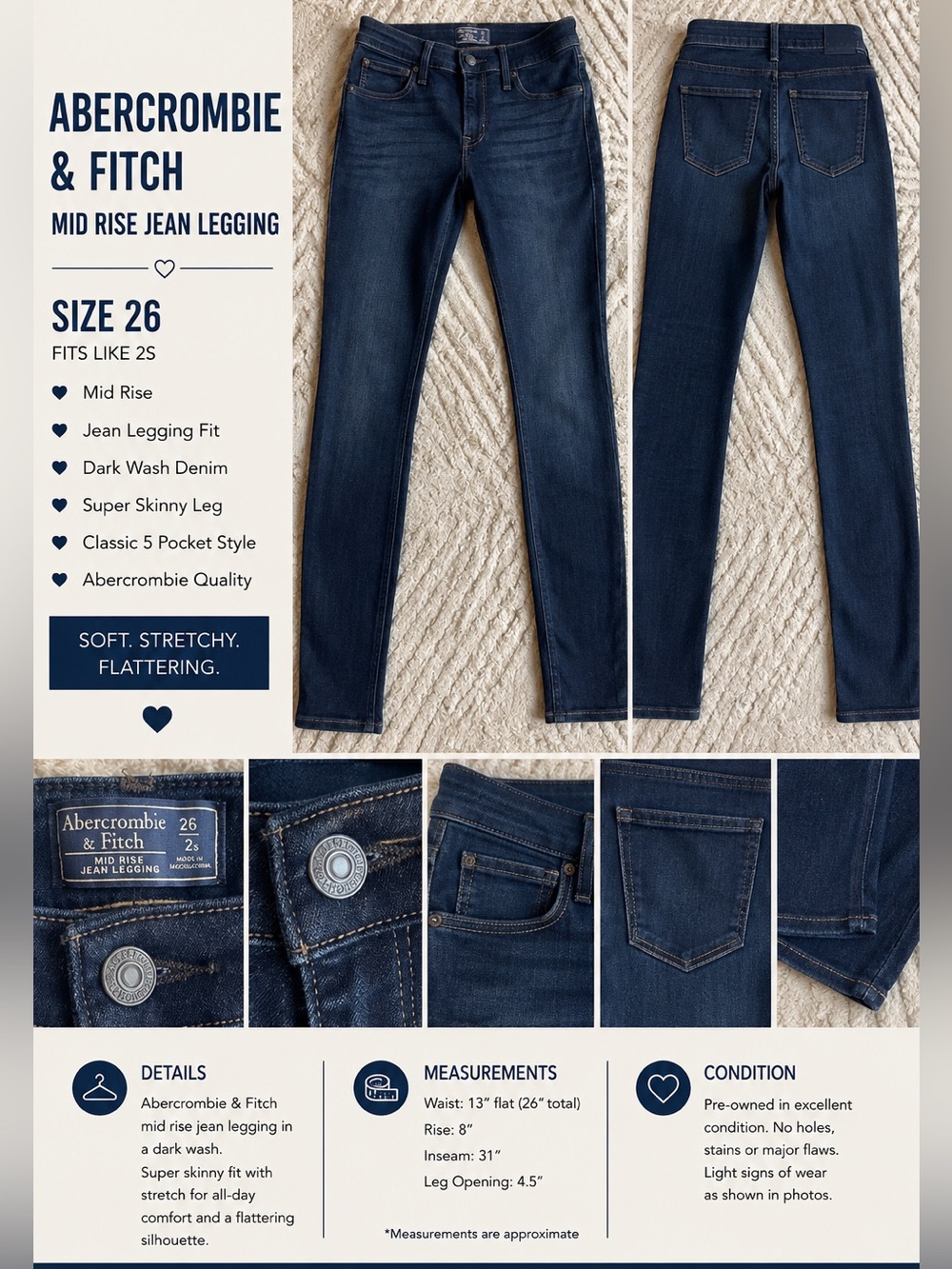 Abercrombie & Fitch Dark Wash Mid-Rise Jean Legging - Dark Blue
